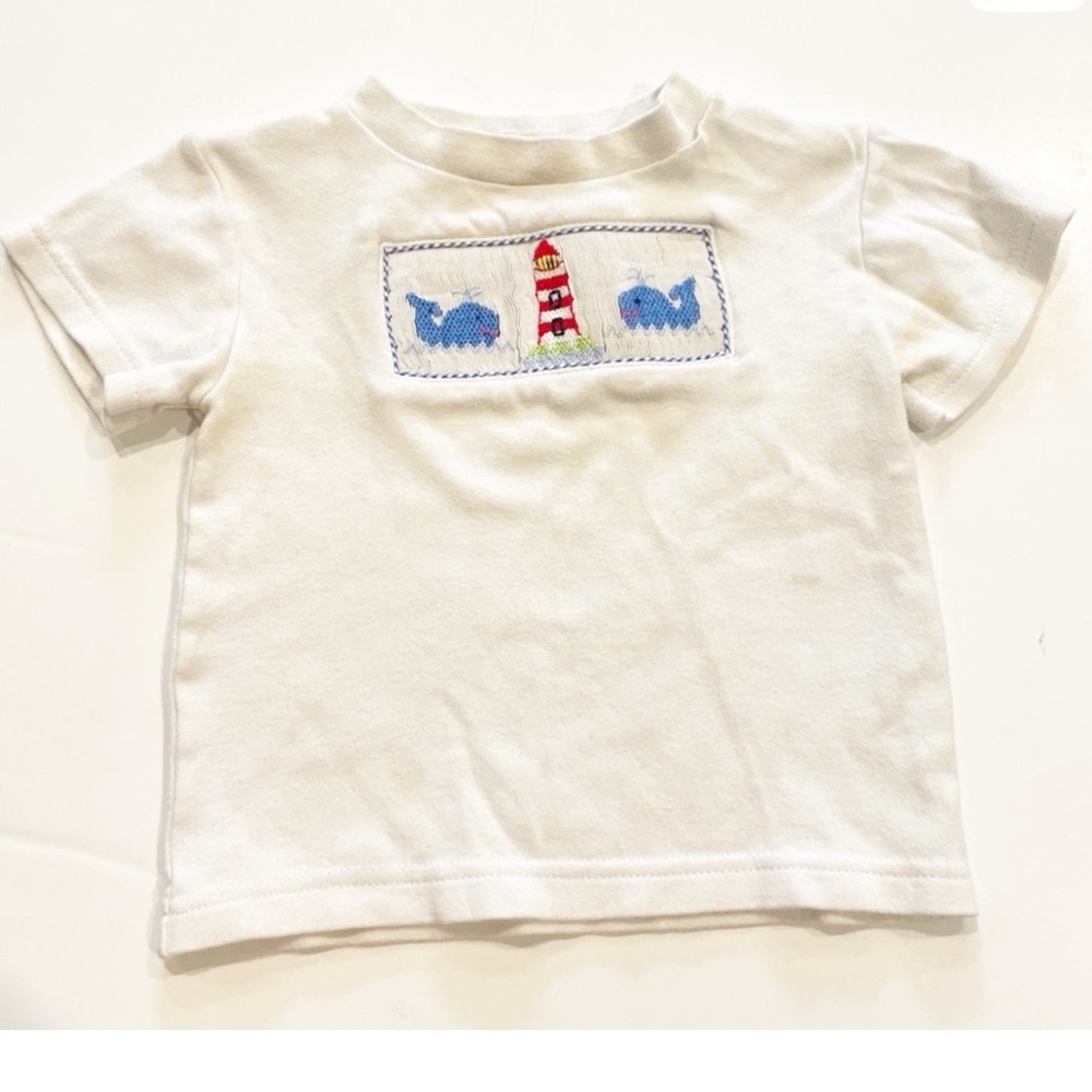 Vive La Fete Kids White Tee with Lighthouse and Whale Design smocked